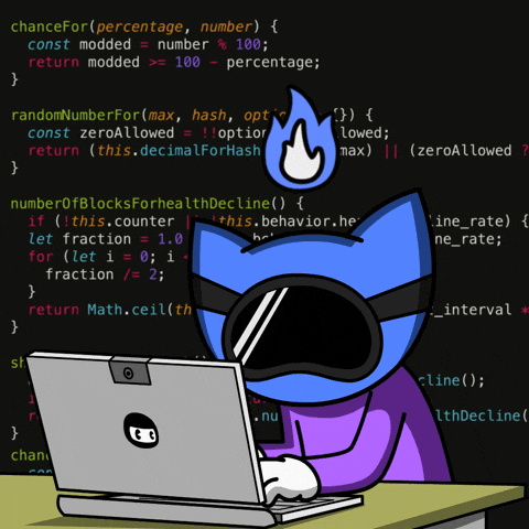 A gif of a cartoon character typing away at a computer generating code
