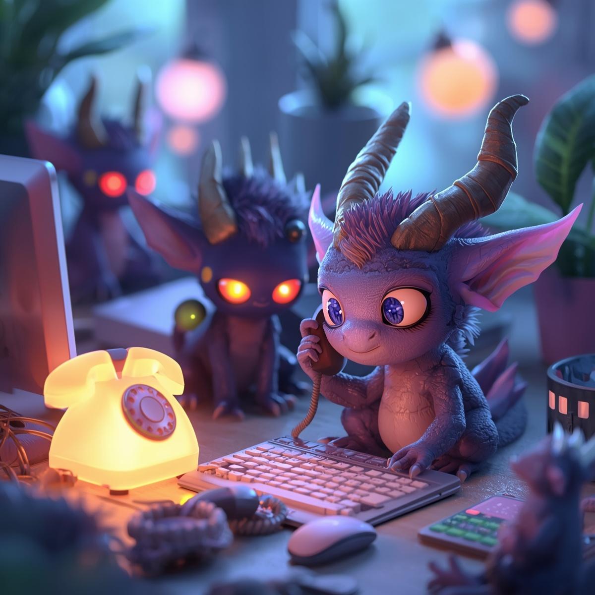 Animated mythical creatures answering a glowing phone at a computer