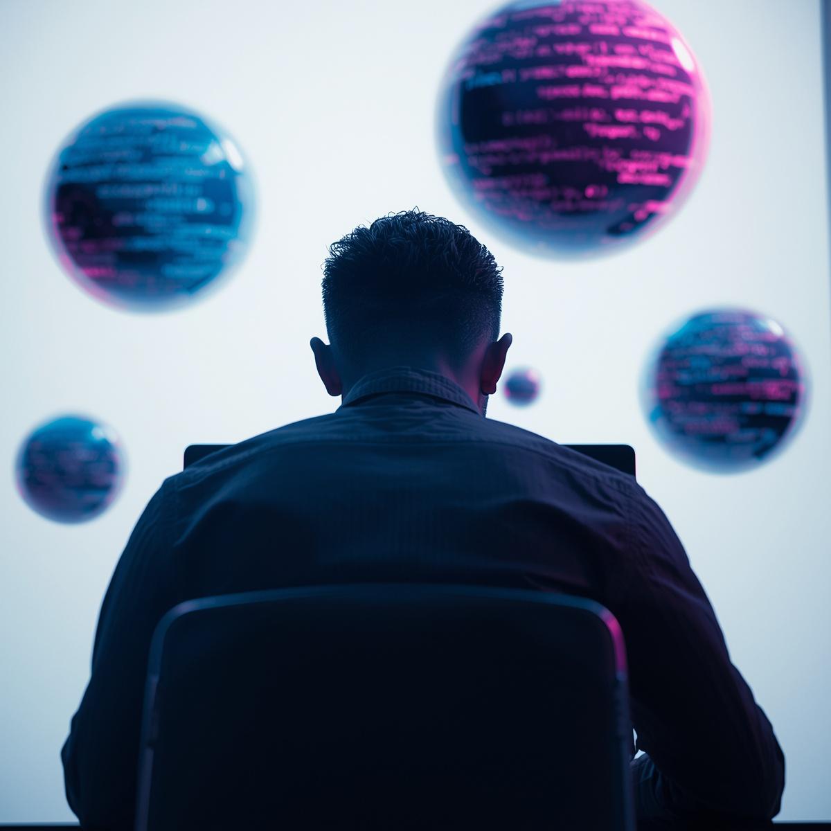 An image of an animated coder facing a laptop and floating code bubbles in the background